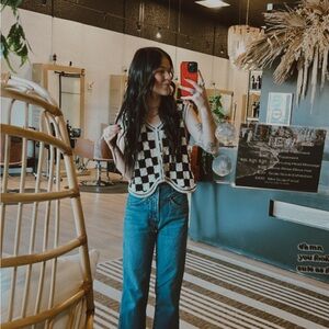 Checkered print knit top